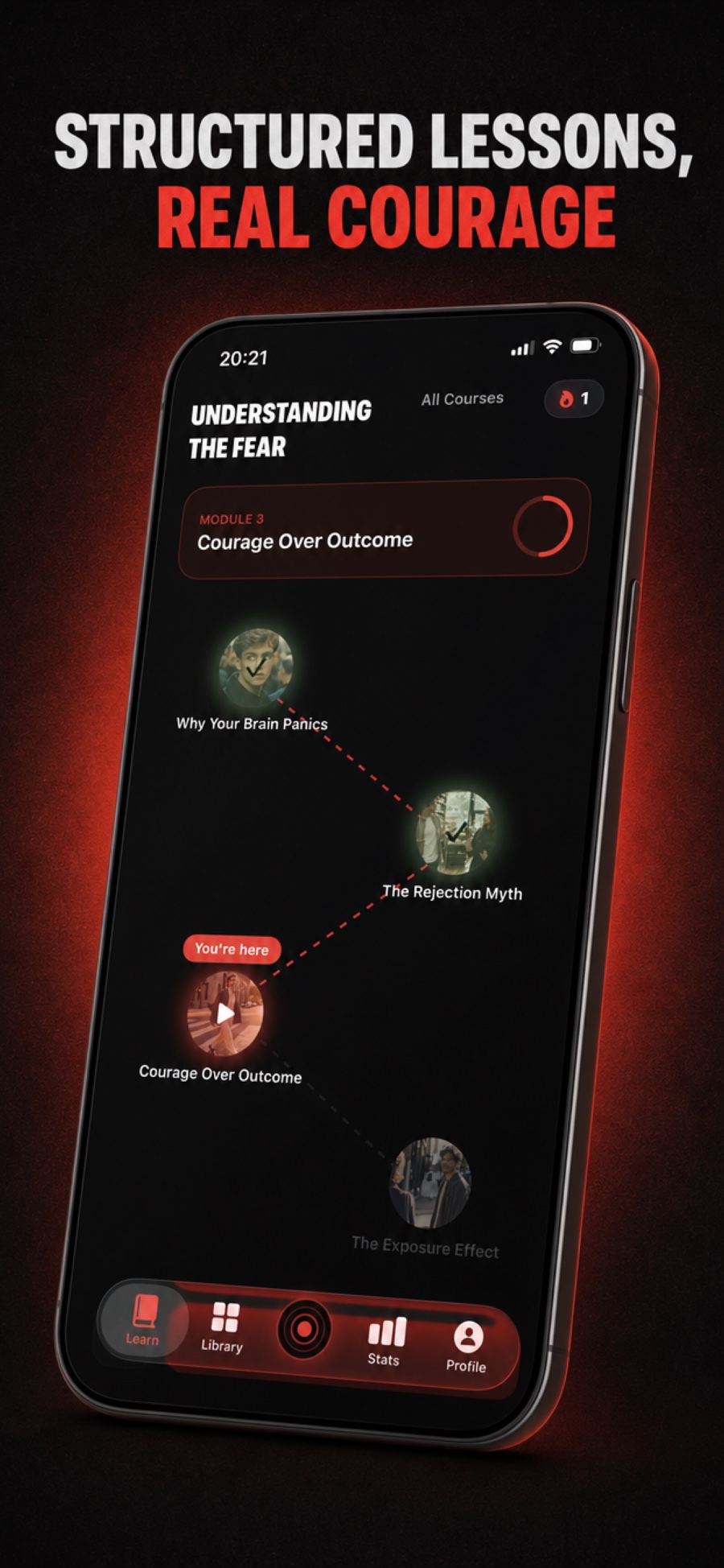 ApproachPal Learn tab showing a course path titled Understanding the Fear